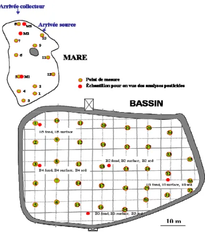 Figure 12: Quadrillage utilisé pour les mesures du 23 juin 09. Position des points de mesures et de prélèvement