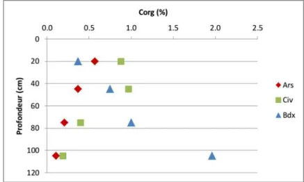 Figure 4. Teneurs en carbone organique des 3 sols de l’étude en fonction de la profondeur