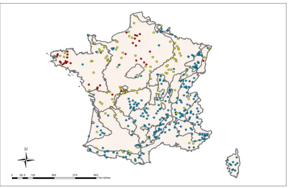 Figure 7 -  Agriculture à fort impact dans le bassin versant : répartition géographique des sites assortis de leur  degré de conformité ( .conforme,   intermédiaire,  non conforme) 