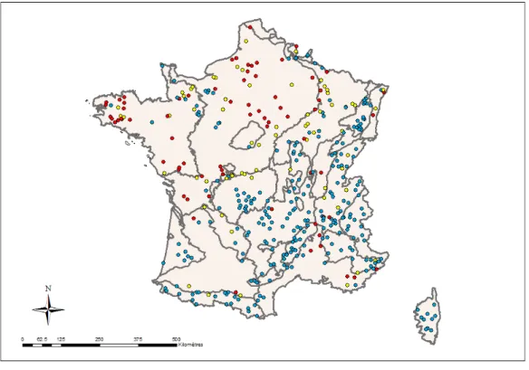 Figure  15  -  Ensemble  des  paramètres  d’occupation  du  sol :  synthèse  de  la  répartition  des  sites  après  réexamen ( .conforme,   intermédiaire,  non conforme ) 