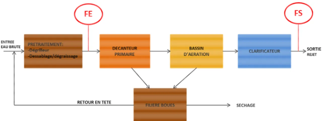 Figure 1 : descriptif de la station d’épuration de la Feyssine et localisation des prélèvements (FE et FS)