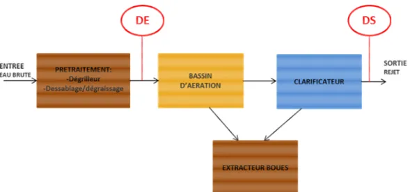 Figure 2 : descriptif de la station d’épuration de Dommartin et localisation des points de prélèvements (DE et  DS)