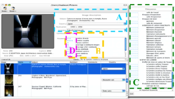 Figure 2. Saisie d’écran de l’interface « iMage » représentant les données  informationnelles « A », les indexation « B », le thésaurus « C » et la  pondération « D »   