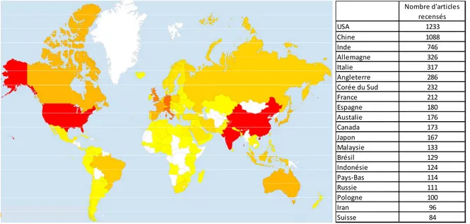 Figure 5 : Localisation par pays des articles issus d’une recherche sur le moteur de recherche Scopus  avec le mot-clé « sensor » et en limitant les réponses aux années 2012-2017 sur les sujets de sciences  environnementales