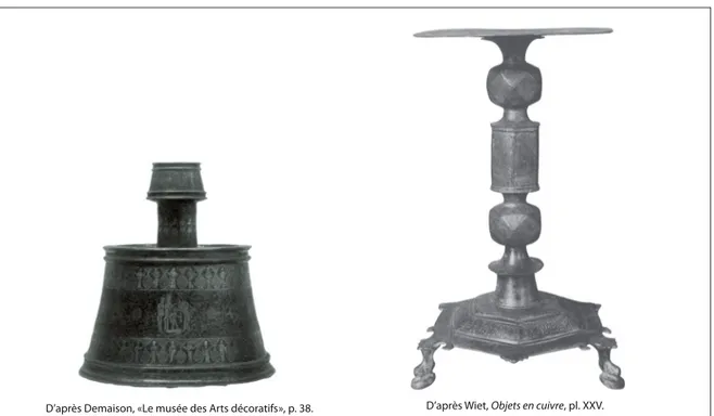 Fig. 4.  Bougeoir à base tronconique réalisé en 646/1248-49 par Dā’ūd b. Salāma al-Mawṣilī et porte-lampe tripode égyptien datant  des xii e -xiii e  s
