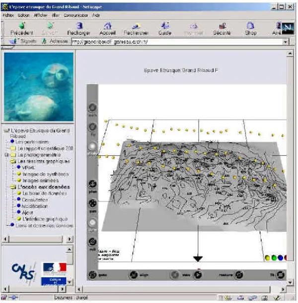 Figure 8. Visualisation de la maquette 3D de l’épave, dans l’état actuel de la fouille, interface VRML vers la base de données
