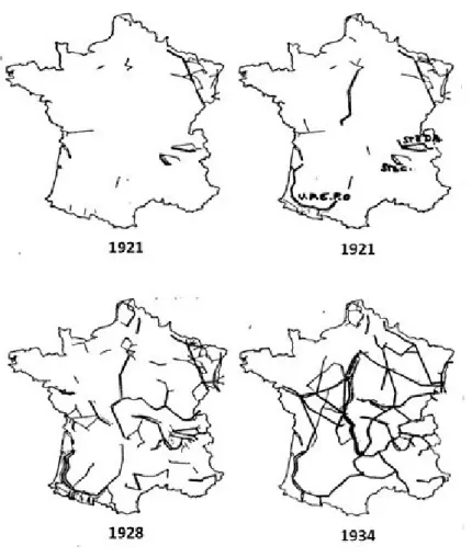 Figure 2  : L’évolution du réseau de transport d’électricité –  60 et 150 kV  –  Durant les années 1920 et 1930