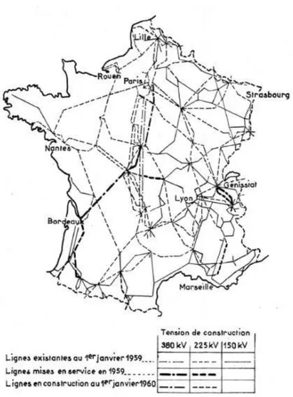 Figure 5 : Le réseau de transport électrique à la fin des années 1950, de 150 à 380 kV (VEYRET-VERNER, 1961) 
