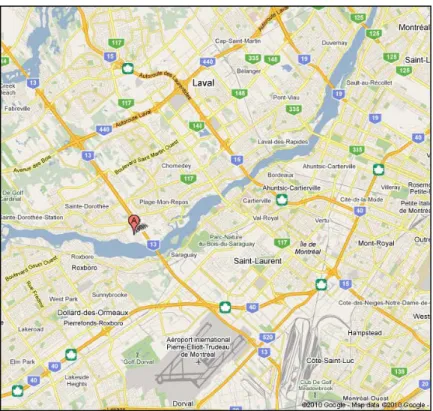 Figure 2.1 : Carte régionale montrant une partie des Villes de Laval et de Montréal ainsi que  l’emplacement du développement résidentiel choisi (Google map, 2010)