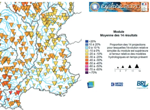 Figure 2. Evolutions relatives possibles (en %) du débit moyen annuel (module) entre 1961-90 et 2046-65 sur le bassin  Rhône-Méditerranée - Résultats moyens établis sur 14 simulations (deux modèles hydrologiques différents alimentés  par sept projections c
