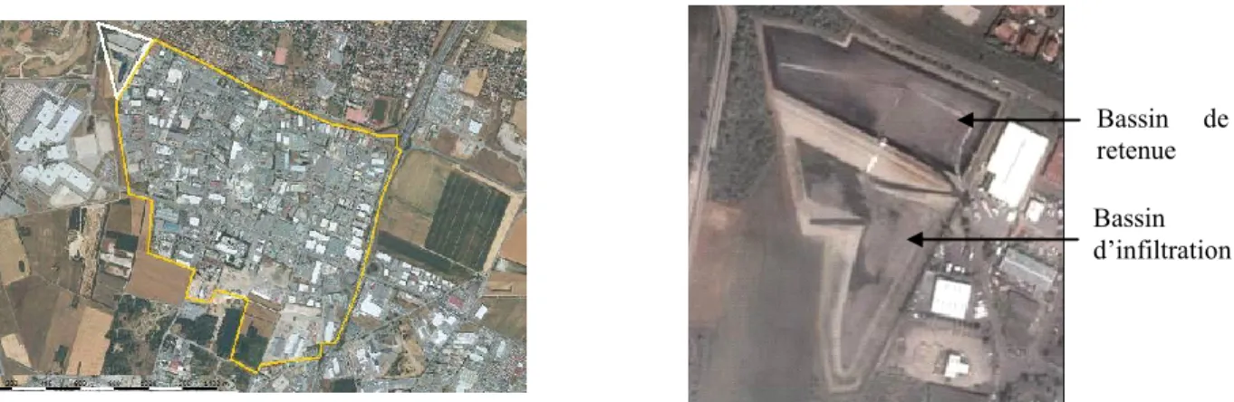 Figure 7.2. A gauche : Vue aérienne du bassin versant de Chassieu-Django-Reinhardt. A droite : Vue aérienne  des bassins de retenue et d’infiltration (Google Earth) 
