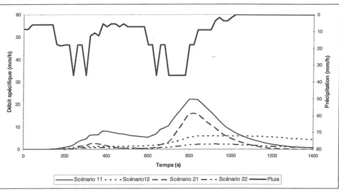 Figure IV-2 : Hyétogramme et hydrogrammes de l'épisode 44 pour la Topo!  
