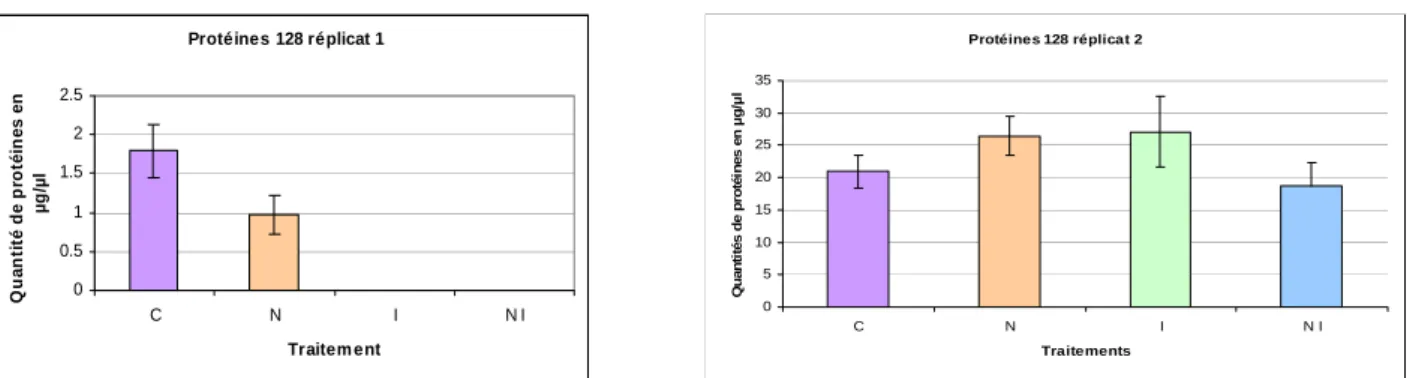 Figure 26: effet des traitements sur la quantité de protéines des glandes hypopharyngiennes des ouvrières de la  ruche 128 à J 5 