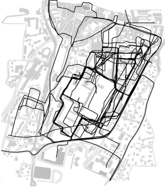 Figure 1 : les 20 itinéraires dans le quartier des Escanaux (production des étudiant-e-s) 