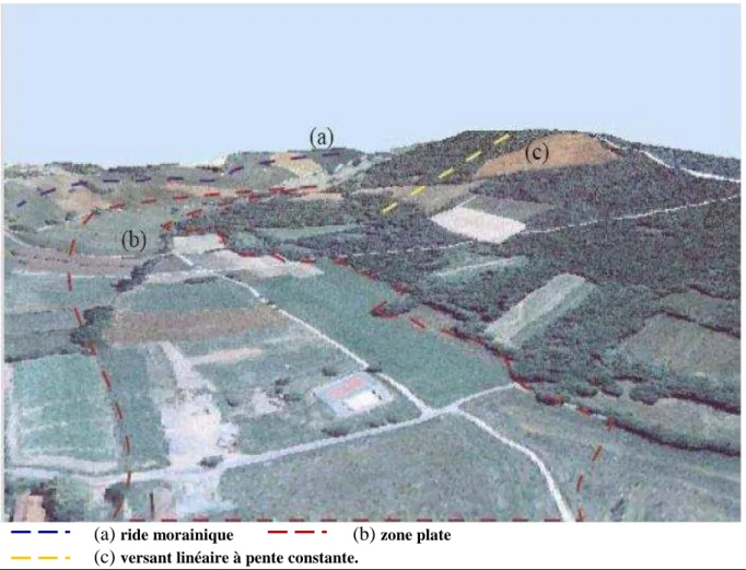 Figure 11 : Vue en 3D du bassin versant du mercube (Réalisation Renaud 2004) 