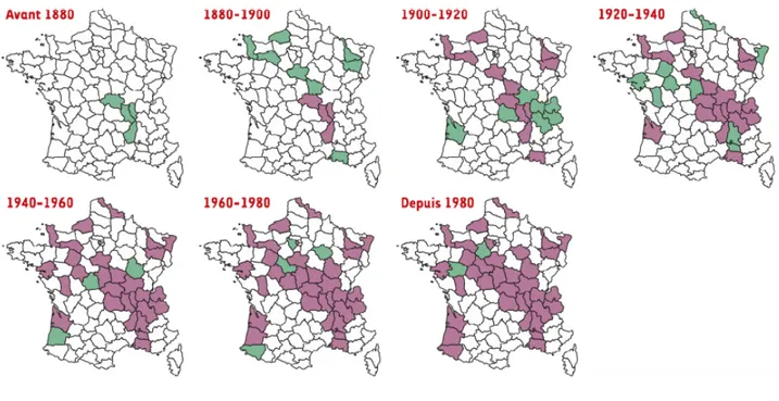 Figure N°2 : Progression de l’Ambroisie en France depuis 1880. Les départements en vert  représentent les départements nouvellement infestés entre 2 périodes