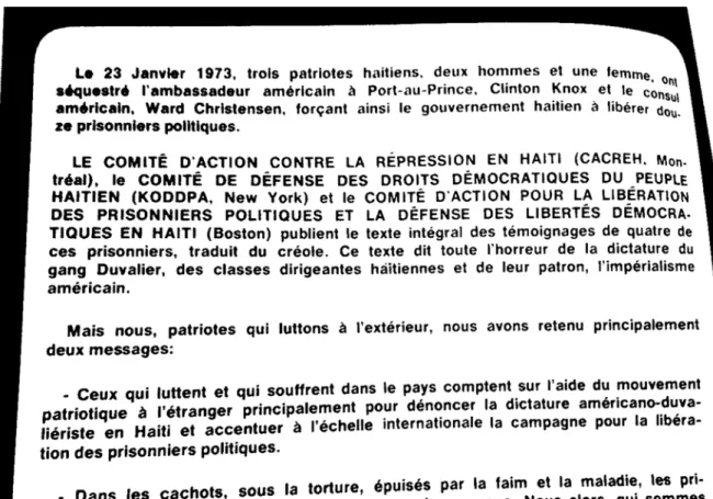 Figure 3.1 Photocopie tirée du document « Haïti : les prisonniers politiques accusent… »
