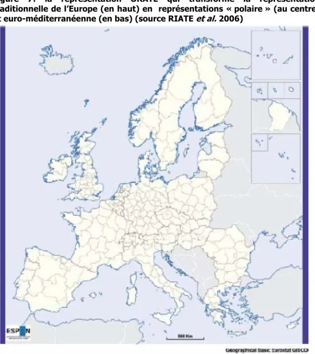 Figure 7: la représentation ORATE qui transforme la représentation  traditionnelle de l’Europe (en haut) en  représentations « polaire » (au centre)  et euro-méditerranéenne (en bas) (source RIATE  et al