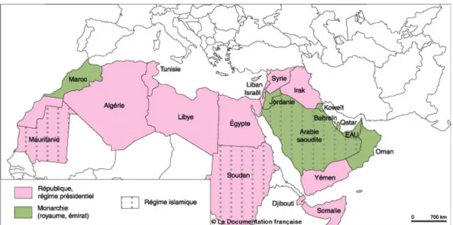 Figure 11: Les régimes politiques dans le Monde arabe (en 2002) (source : La  documentation française 2002) 