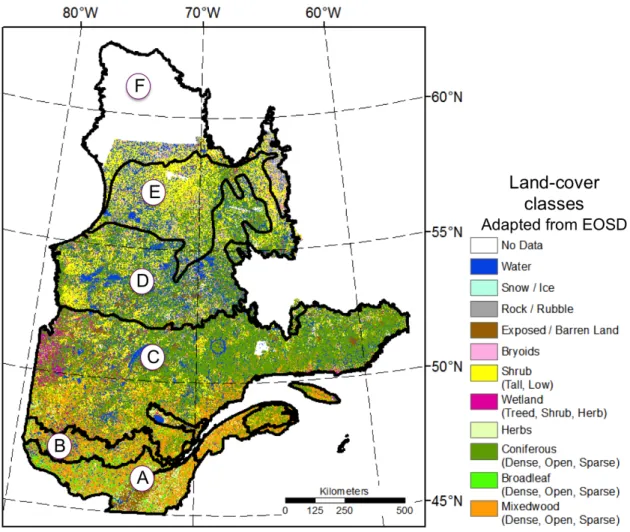 Figure  3.  The  province  of  Québec  boundaries  and,  in  background,  the  EOSD  land  cover  characterizes forested landscapes