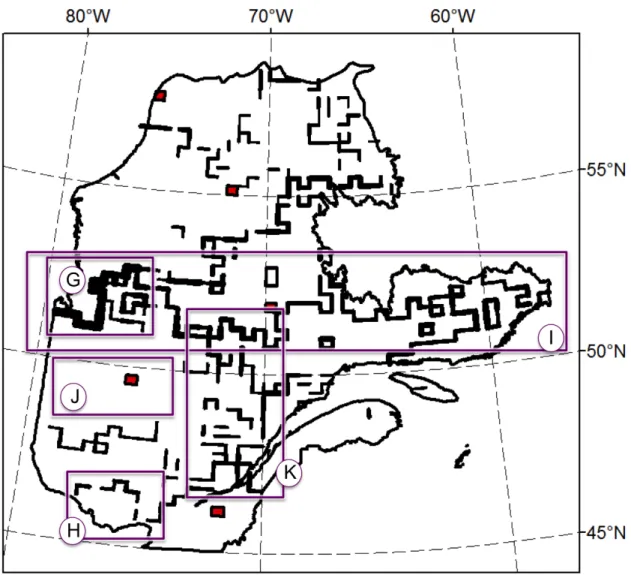 Figure 7. From the 54 clustering levels, segments of reoccurring spatial cluster borders were drawn  to locate the most pronounced variation among adjacent landscapes in forested Quebec