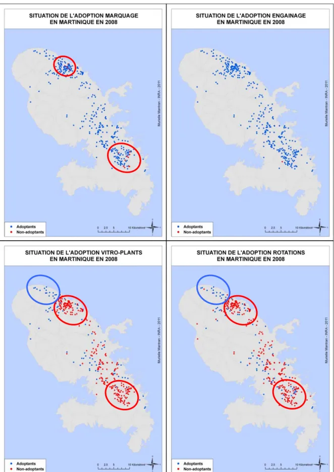 Figure 15 : Cartographies des adoptions / non-adoptions des 4 innovations en Martinique 