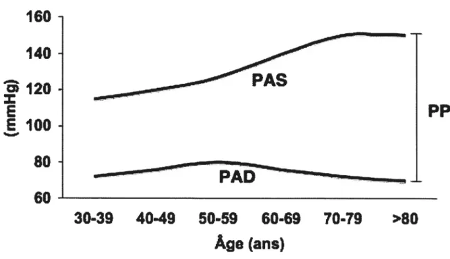 Figure 2. Évolution de la pression artérielle systolique, diastolique et pulsée au cours du vieillissement.