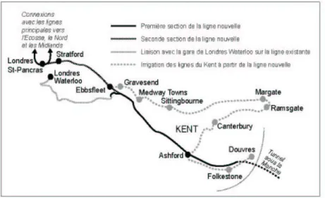 Figure 9. Channel Tunnel Rail Link et connexions avec le réseau ferré du Kent 