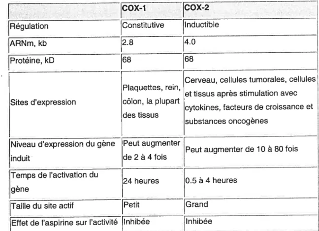 Tableau I. Sommaire des propriétés de la COX-1 et la COX-2 (adapté de Valentich et al., 1995).