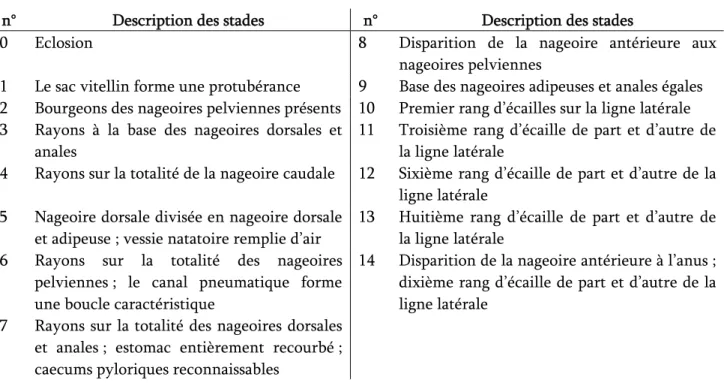 Tableau 2 : Description des stades de développement larvaire de Coregonus lavaretus (d’après Luczynski et al, 1988) 