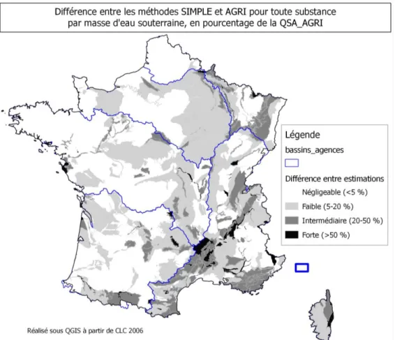Figure 9 : différence estimée par bassin versant contributif des masses d’eaux souterraines   entre les méthodes SIMPLE et AGRI 