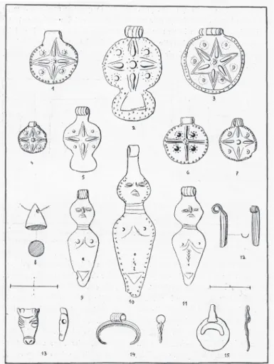Fig. 2 - Pendentifs en métal précieux à décor astral (d’après Schaeffer 1938).