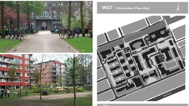 Figure 2 : Vue sur l’entrée du quartier Wilhelmina Gasthuis Terrein – Amsterdam – Pays-Bas,  Auteure (A) ; Le parc à l’Est du quartier Wilhelmina Gasthuis Terrein  – Amsterdam –  Pays-Bas, Auteure  (B) ;  Plan  de  Wilhelmina  Gasthuis  Terrein  – Amsterda