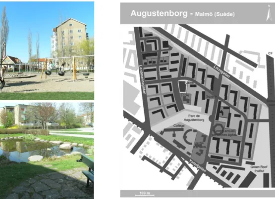 Figure  3 :  Espace  de  jeux  sonores  pour  enfants  à Augustenborg  –  Malmö  –  Suède, Auteure  (A) ;  Un  des  espaces  en  bas  d’immeuble  à Augustenborg  –  Malmö  –  Suède, Auteure  (B) ;  Plan d’Augustenborg – Malmö – Suède, Auteure (C)  