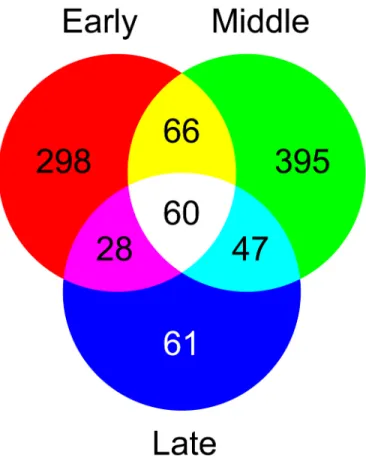 Figure 4. Venn diagram showing overlap between gene lists that show significant changes  in transcript abundance during the three major embryo development stages (early, middle  and late stages)