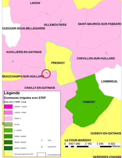 Illustration n°9 : Carte des communes recevables pour les  projets STEP - cas de la commune de Presnoy, Loiret 