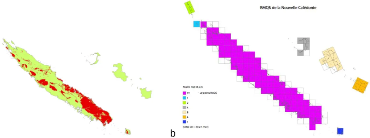 Figure  5  –  a)  carte  des  formations  sur  péridotites  de  Nouvelle-Calédonie  ;  b)  répartition  des  sites  RMQS selon la grille 16 km x16 km 
