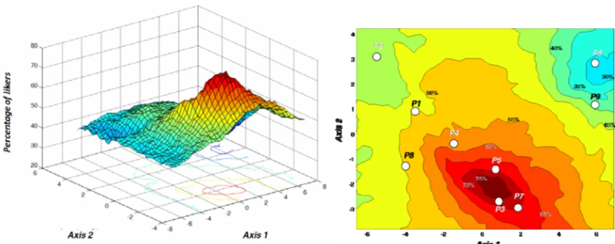 Figure 3. Exemple d'une cartographie des préférences (en 3D à gauche, en 2D sous  forme de courbes de niveaux à droite) 