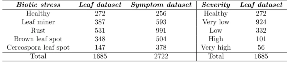 Table 1 presents the number of images for each stress/leaf and severity/leaf pair of the above datasets.