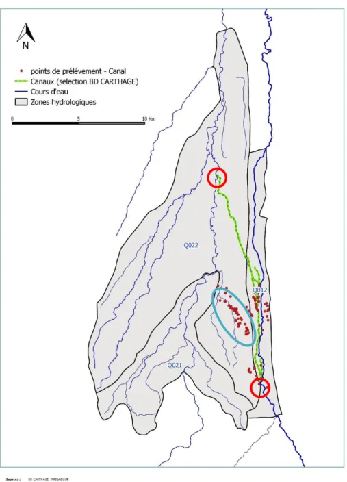 Figure 4 : Exemple de cartographie des canaux en croisant la BD CARTHAGE ®  et les BDD sur les points de prélèvements 