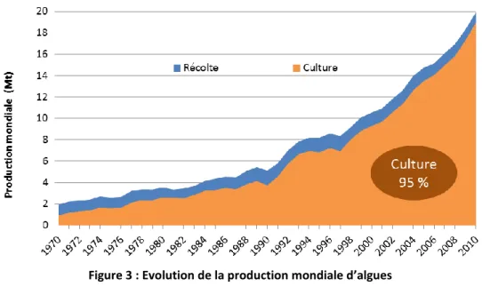 Figure 3 : Evolution de la production mondiale d’algues  Source : FAO statistics, 2014 