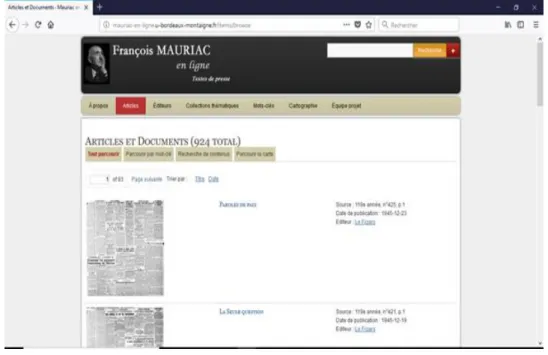 Figure 3 : Accès aux articles de François Mauriac sur le site : http://mauriac-en-ligne.u-bordeaux-montaigne.fr/  