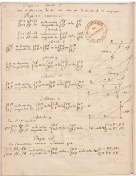 Figure 8 : page de la copie manuscrite du Brouillon Project par Philippe de la Hire illustrant la rédaction combinatoire mise en  place par Desargues.