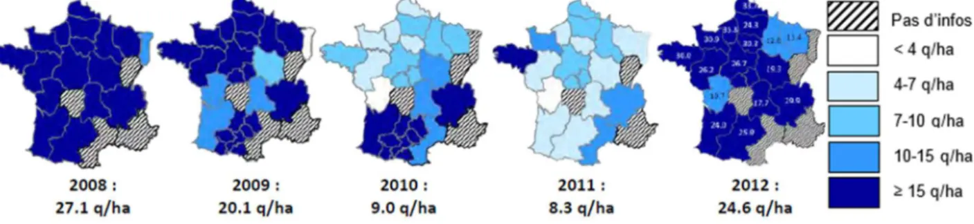 Figure 7: La nuisibilité Septoriose observée sur Réseau Performance en France 2008-2012 