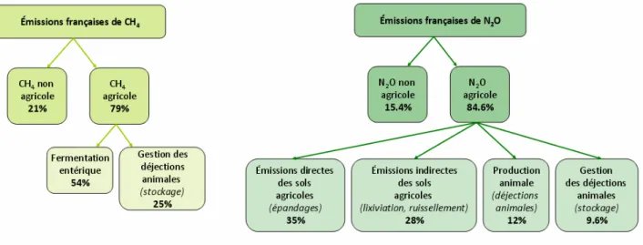 Figure 7 : Répartition française des émissions de méthane et de protoxyde d’azote (réalisé à partir des  données CITEPA/RapportCCNUCC/Mars 2011) 
