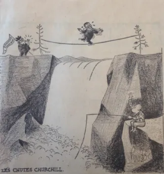 Figure 6 –  Caricature de Joseph Smallwood traversant les chutes Churchill, Source : le Soleil, 8  octobre 1966 (&#34;L’entente Hydro-Brinco,&#34; 1966) 