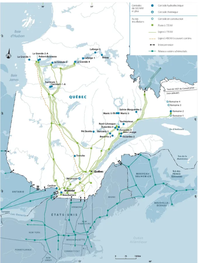 Figure 2 – Carte des réseaux des lignes de haute tension et des barrages hydroélectriques d’Hydro- d’Hydro-Québec, 2014