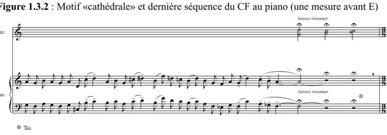 Figure 1.3.2 : Motif «cathédrale» et dernière séquence du CF au piano (une mesure avant E)