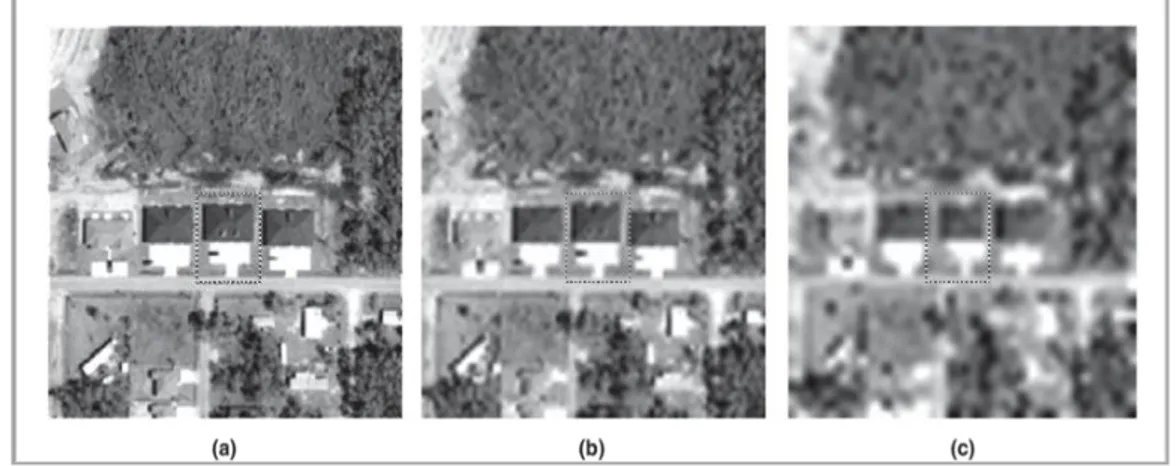 Figure I.2: Exemple de structure &#34;Non dommage&#34; utilisée dans l'étude à trois résolutions  spatiales différentes: (a) 0,35 m, (b) 2,0 m et (c) 4,0 m