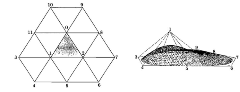 Figure 2.4:  Wu-Peters  [WP04] evaluation method:  left:  a base mesh used to generate the basis  functions  for the  triangle  0-1-2  (regular case:  vertex  with valence  6);  right:  the resulting  basis  function  at node 1 evaluated at subdivision  le